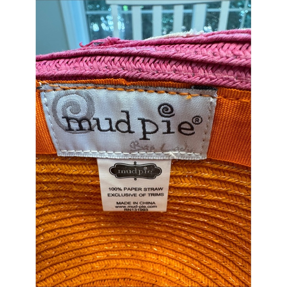 Mud Pie Womens Striped Paper Straw Sun Hat Pink Yellow Wide Brim Gold Detail - Picture 2 of 4